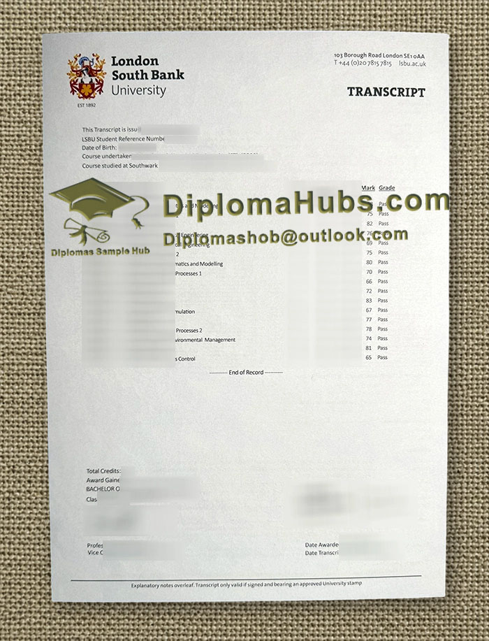 London South Bank University transcript London South Bank University transcript