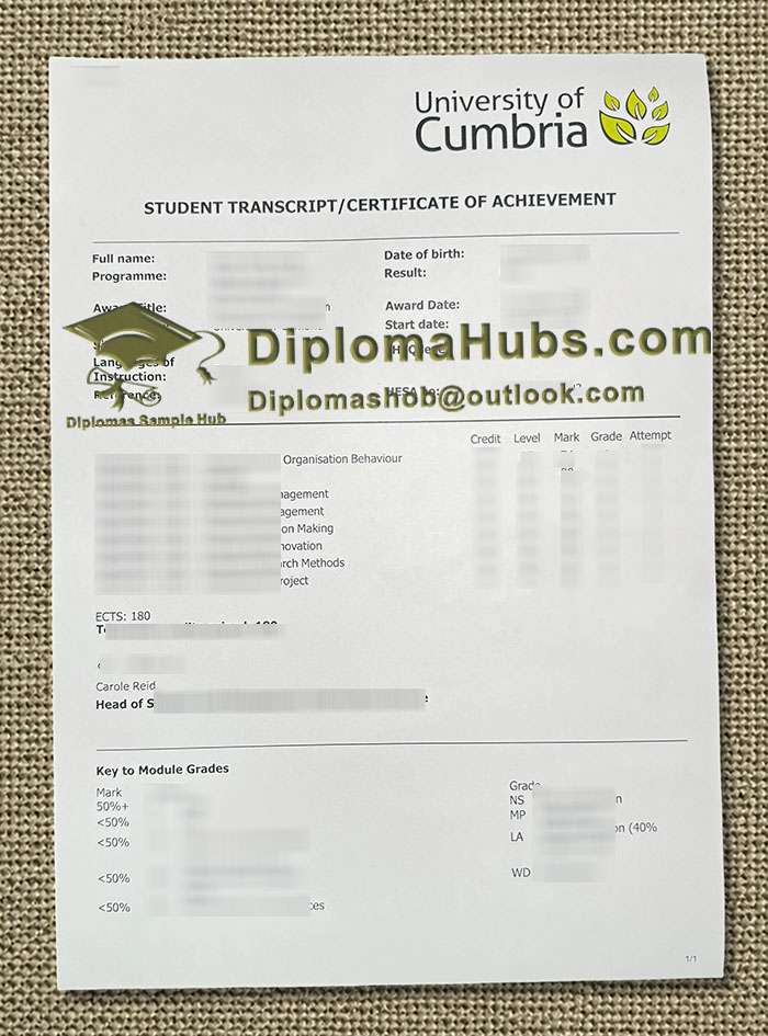 University of Cumbria Transcript